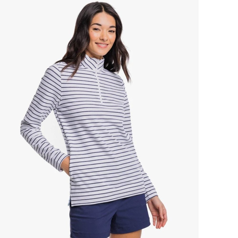 NWT Southern Tide Women's Heather Tara Fleece Quarter Zip -Heather Navy Striped